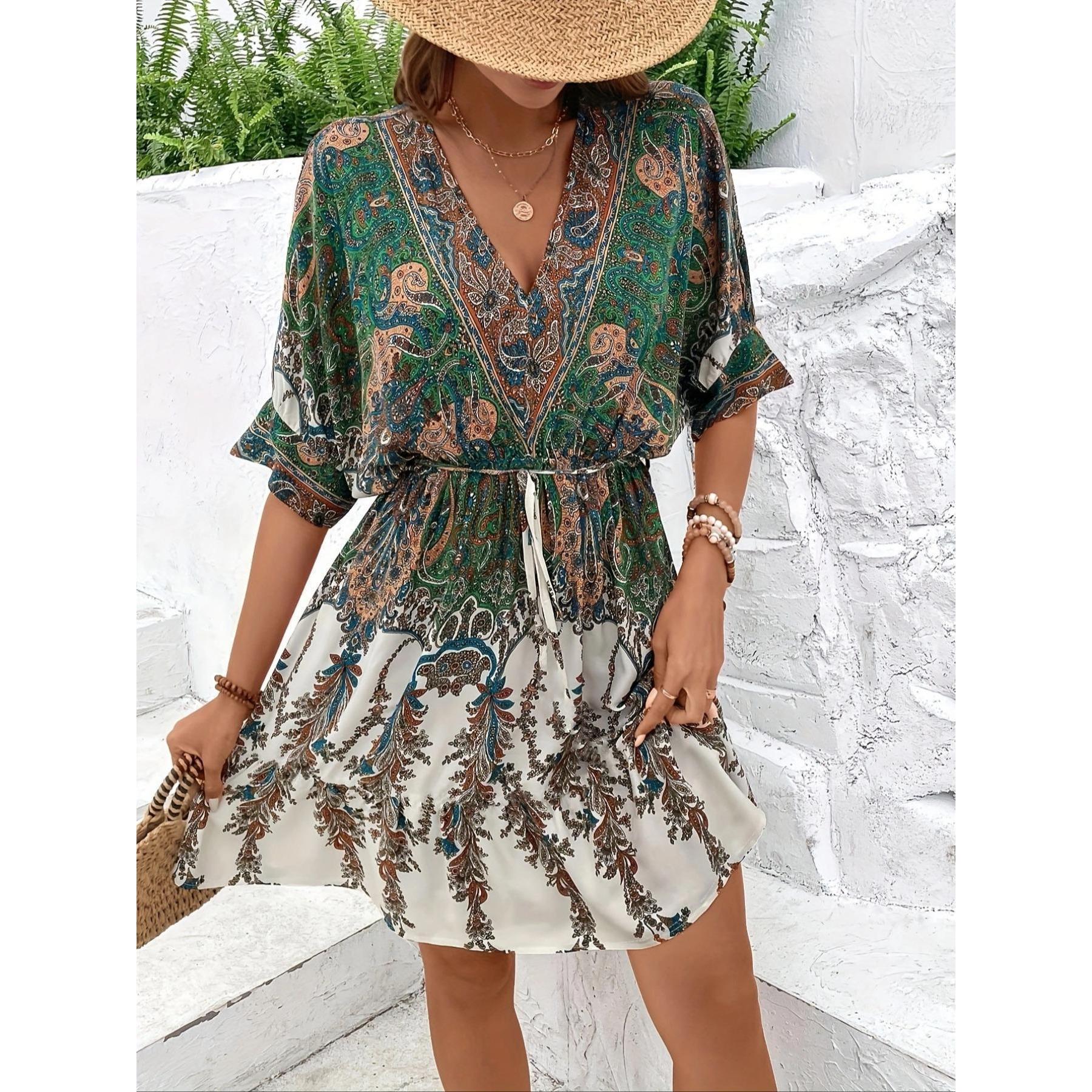 Women's Vintage Loose Boho Casual Paisley Print Mini Dress - Deep V-Neck, Batwing Sleeves, Drawstring Waist, Tiered Ruffled Hem, Gradient Fabric Summer Beach Vacation Dress