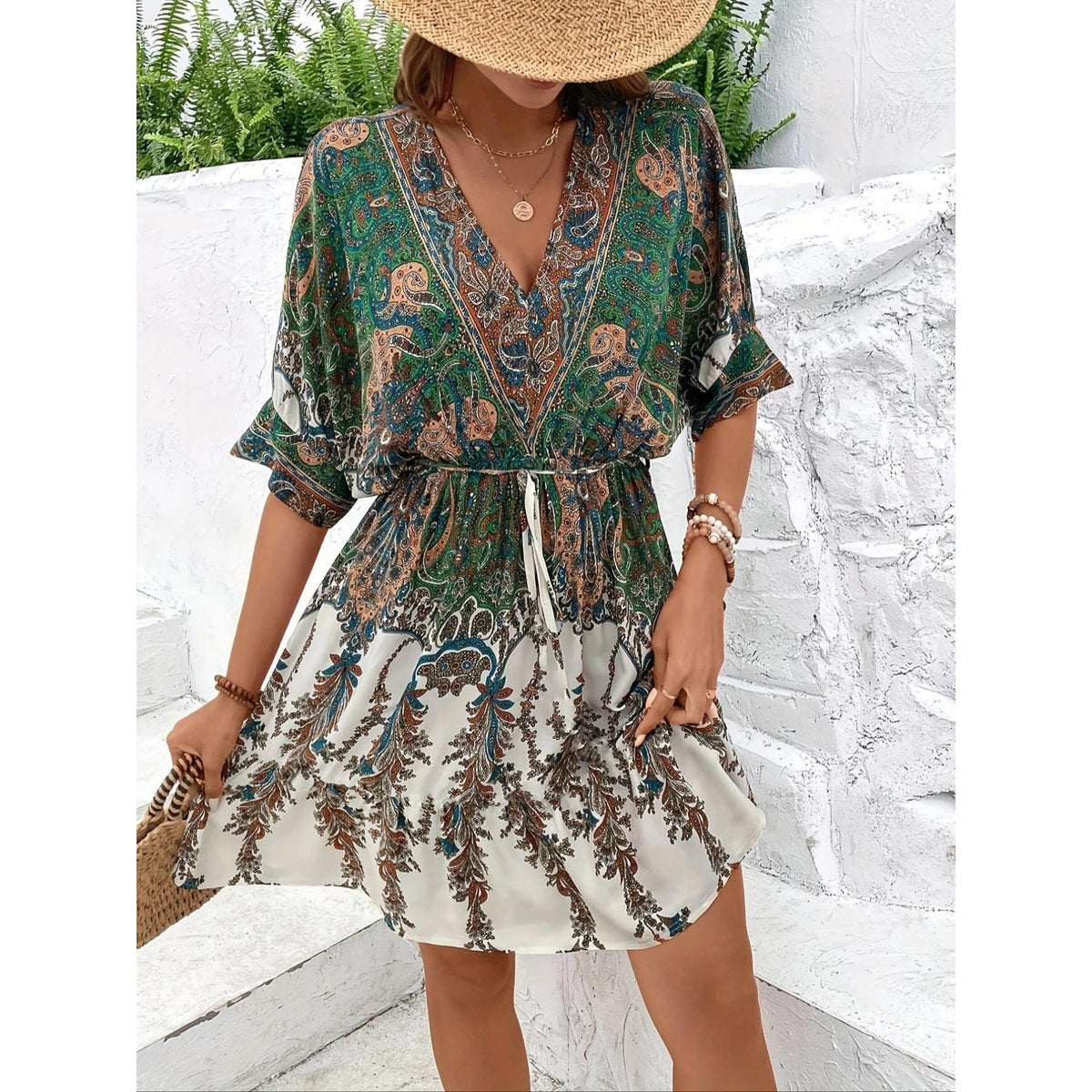 Women's Vintage Loose Boho Casual Paisley Print Mini Dress - Deep V-Neck, Batwing Sleeves, Drawstring Waist, Tiered Ruffled Hem, Gradient Fabric Summer Beach Vacation Dress