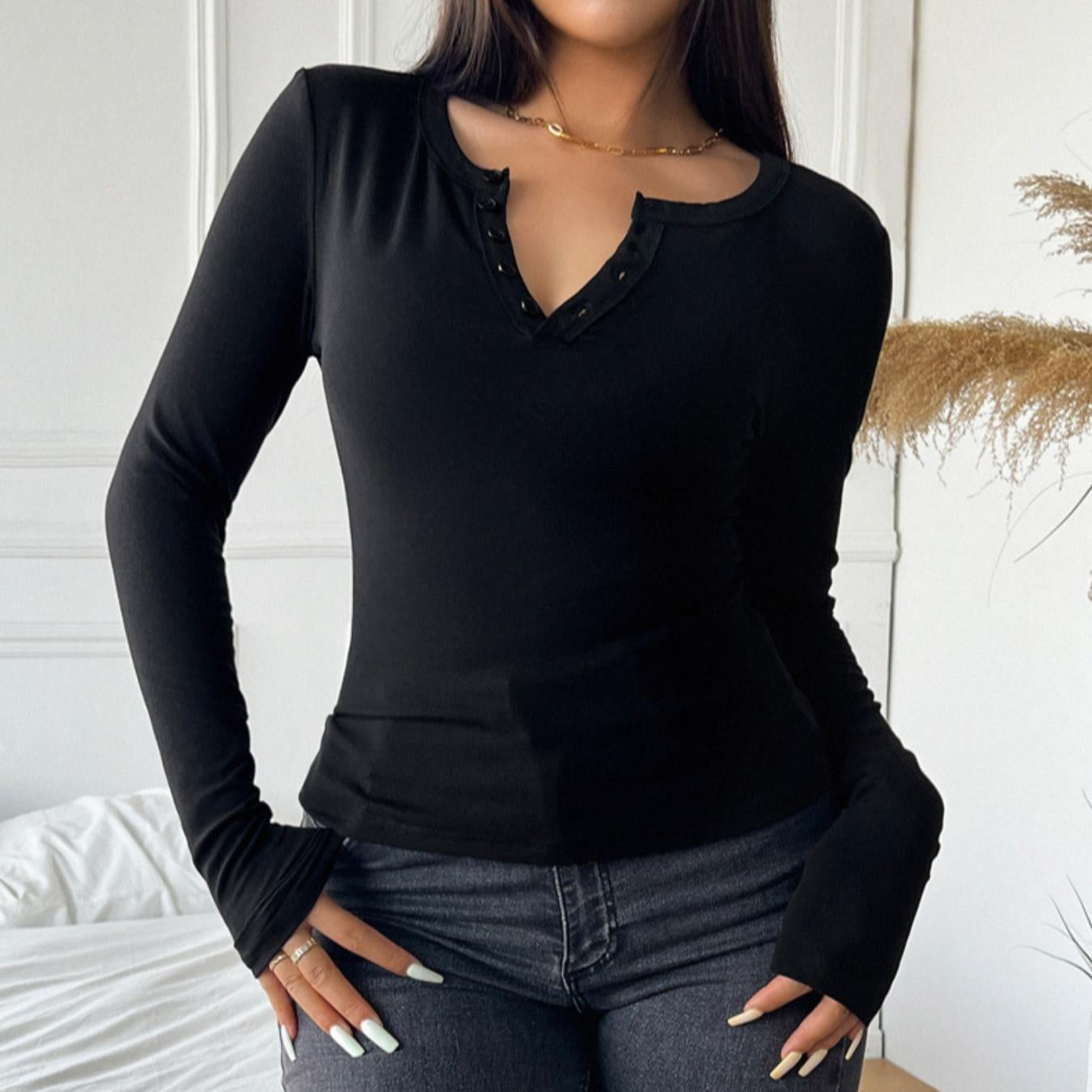 Women's Slim Fit Henley Long Sleeve Crop Top - Soft Stretchy Knit Basic Tee with Thumb Hole Cuffs, Button V-Neck - Casual Y2K Streetwear Daily Top
