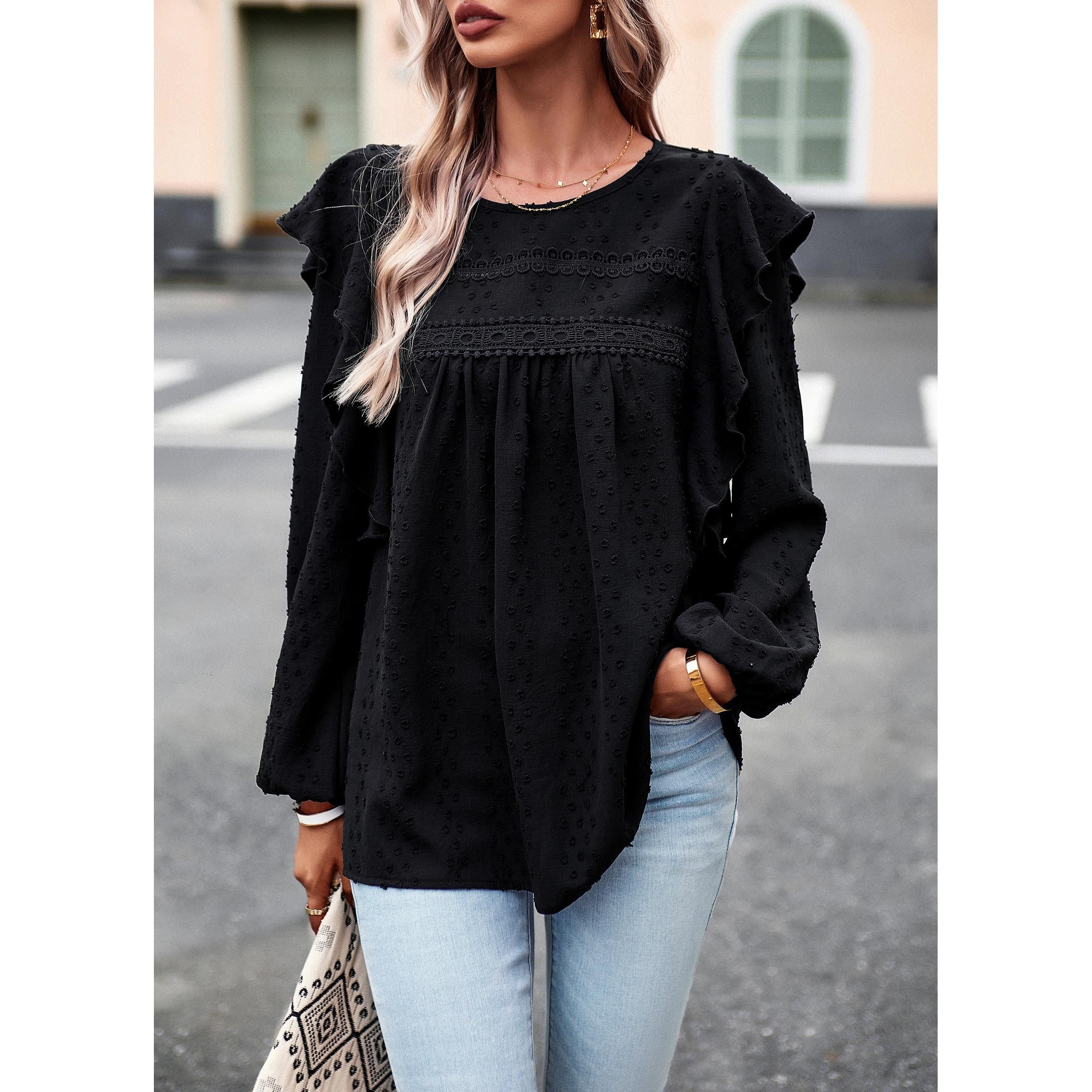 Women's Soft Feminine Swiss Dot Blouse - Long Sleeve, Round Neck with Lace Cutout, Loose Flowy Casual Comfy Boho Tunic Top with Soft Fabric