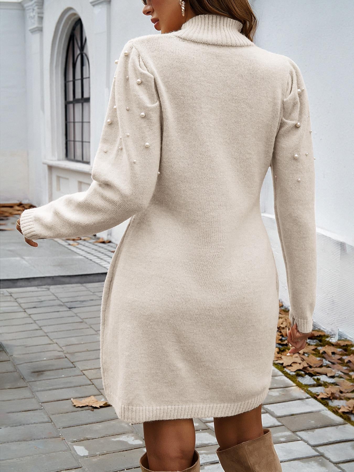 Women's pearl-embellished high-neck knit sweater dress with puff long sleeves, slim fit, bodycon, short length