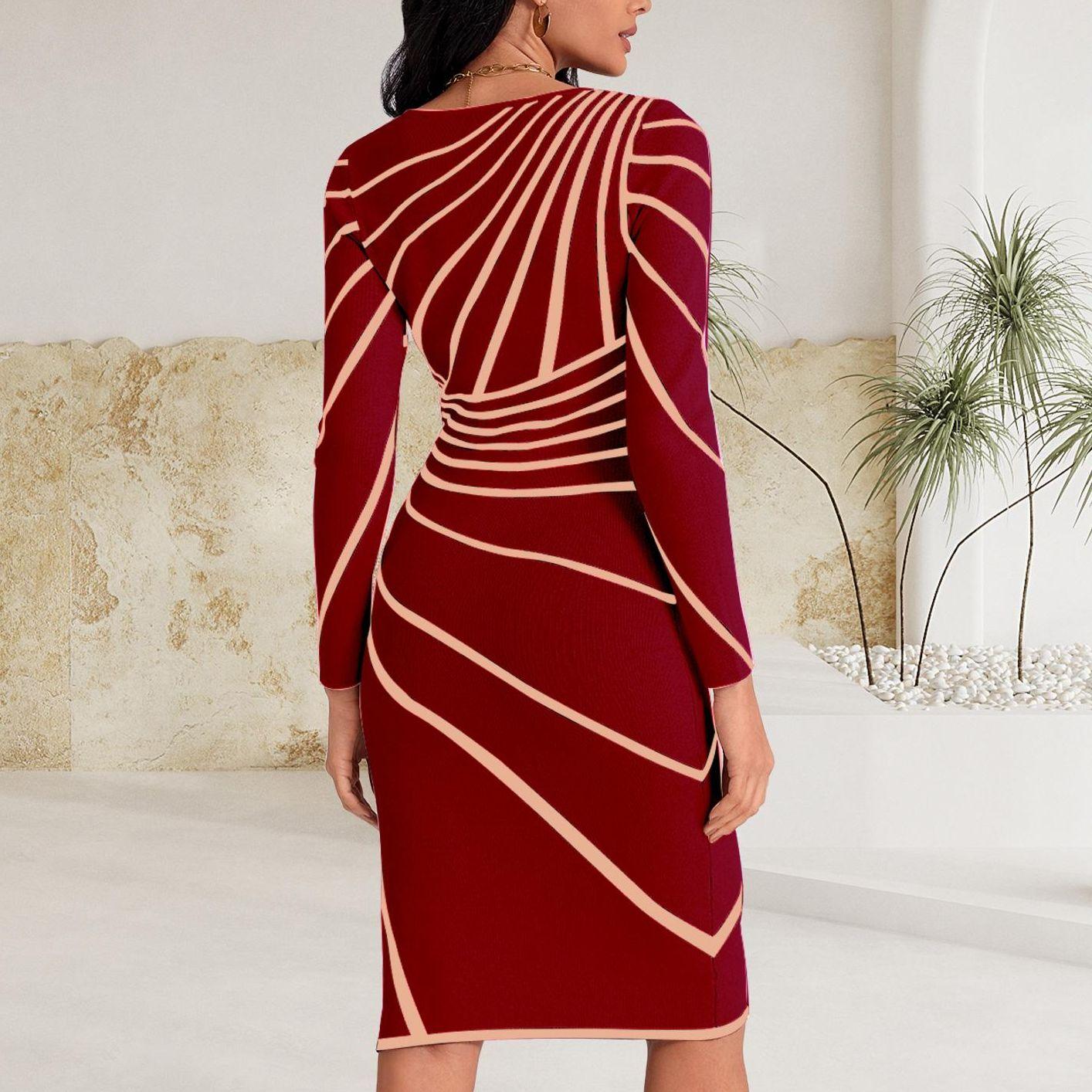 Women's Soft V-Neck Long-Sleeve Geometric Striped Knit Bodycon Slim Midi Dress - Evening Black Dress with Premium Fabric, Statement Formal Party & Office Wear