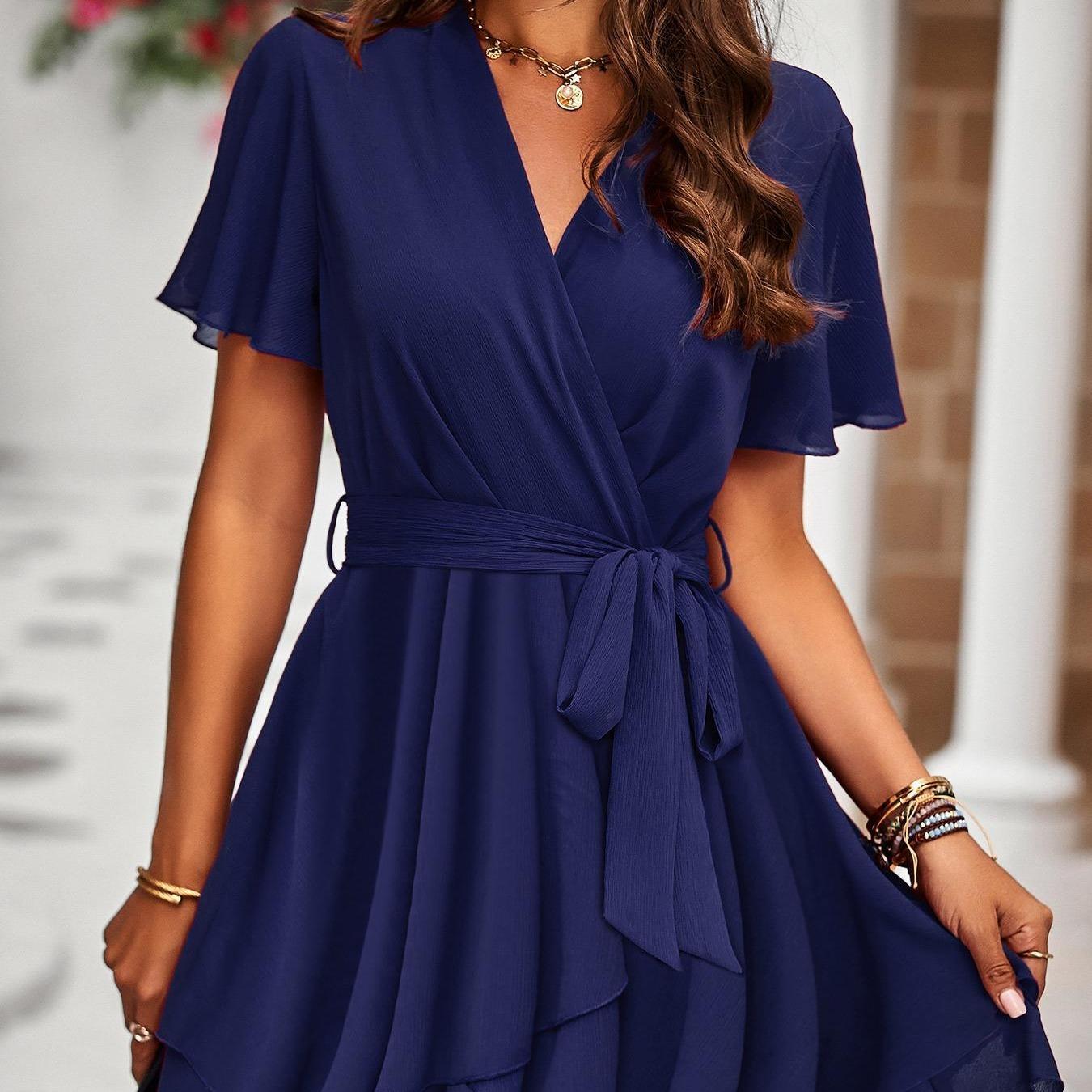 Women's Breathable Soft Chiffon Wrap V-Neck Mini Dress - Short Flutter Sleeves, Tiered Ruffles, Belted, 1-Piece Casual Evening Cocktail Formal Dress with Zipper
