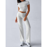 Women's 2-Piece Casual Tracksuit, Short Sleeve Crop Top & High Waist Flare Pants, 2 Piece Sets Women