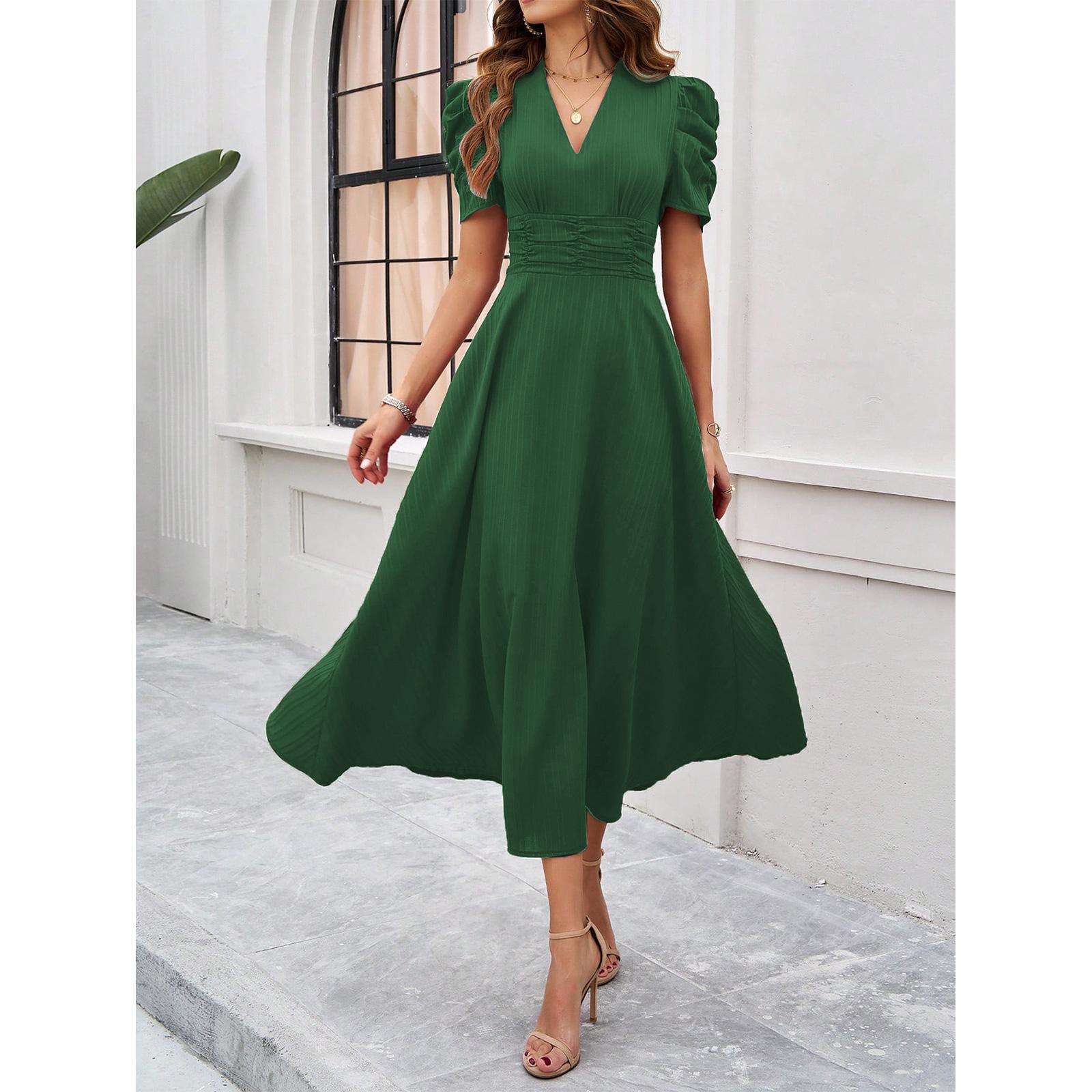 Women's V-Neck Puff Short Sleeve Midi Dress - Breathable, Lightweight, Comfortable Casual Cocktail Style with Ruched Waist, A-Line Flowy Swing, Ideal for Party, Dresses for Women, Wedding Guest, Wedding Dresses Guest