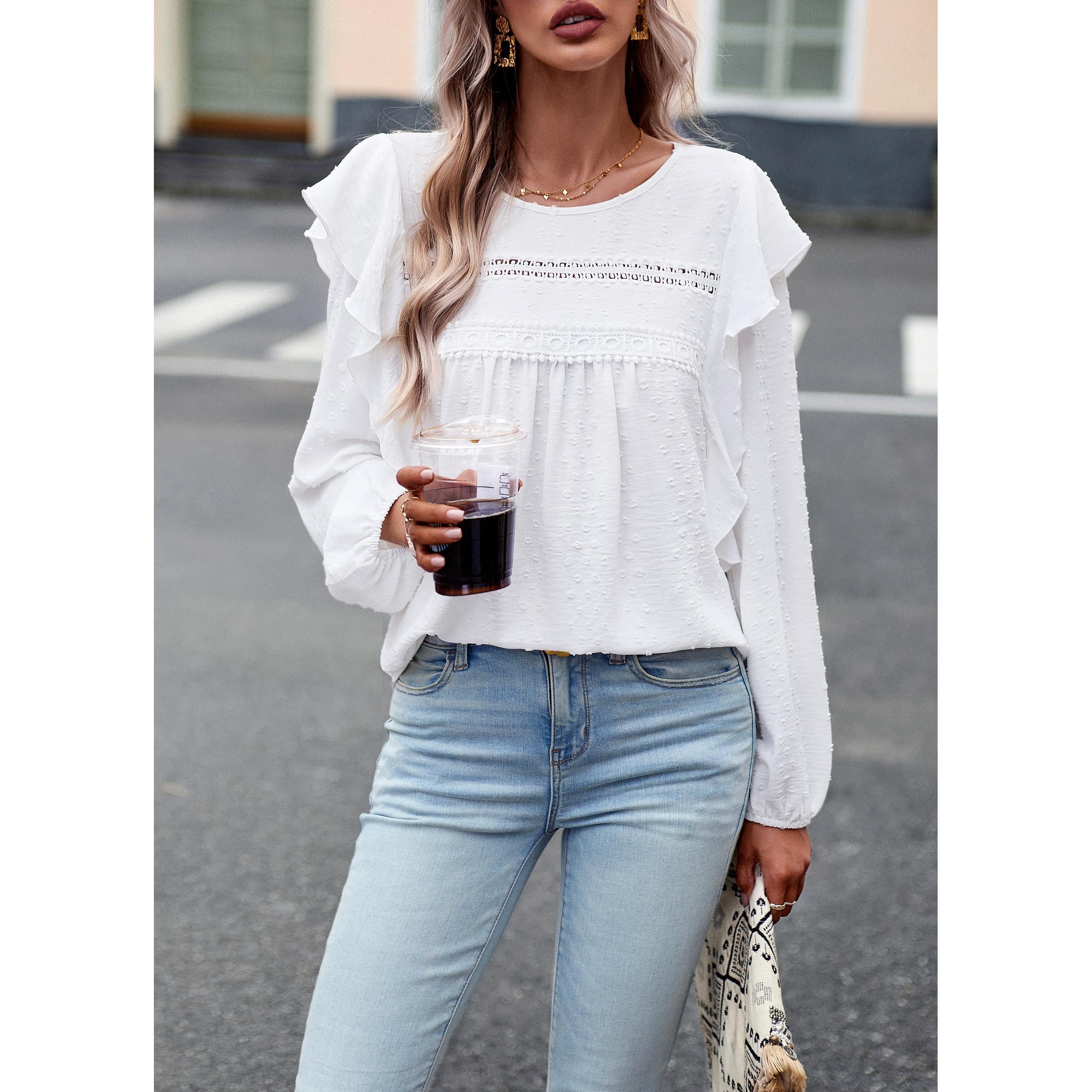 Women's Soft Feminine Swiss Dot Blouse - Long Sleeve, Round Neck with Lace Cutout, Loose Flowy Casual Comfy Boho Tunic Top with Soft Fabric