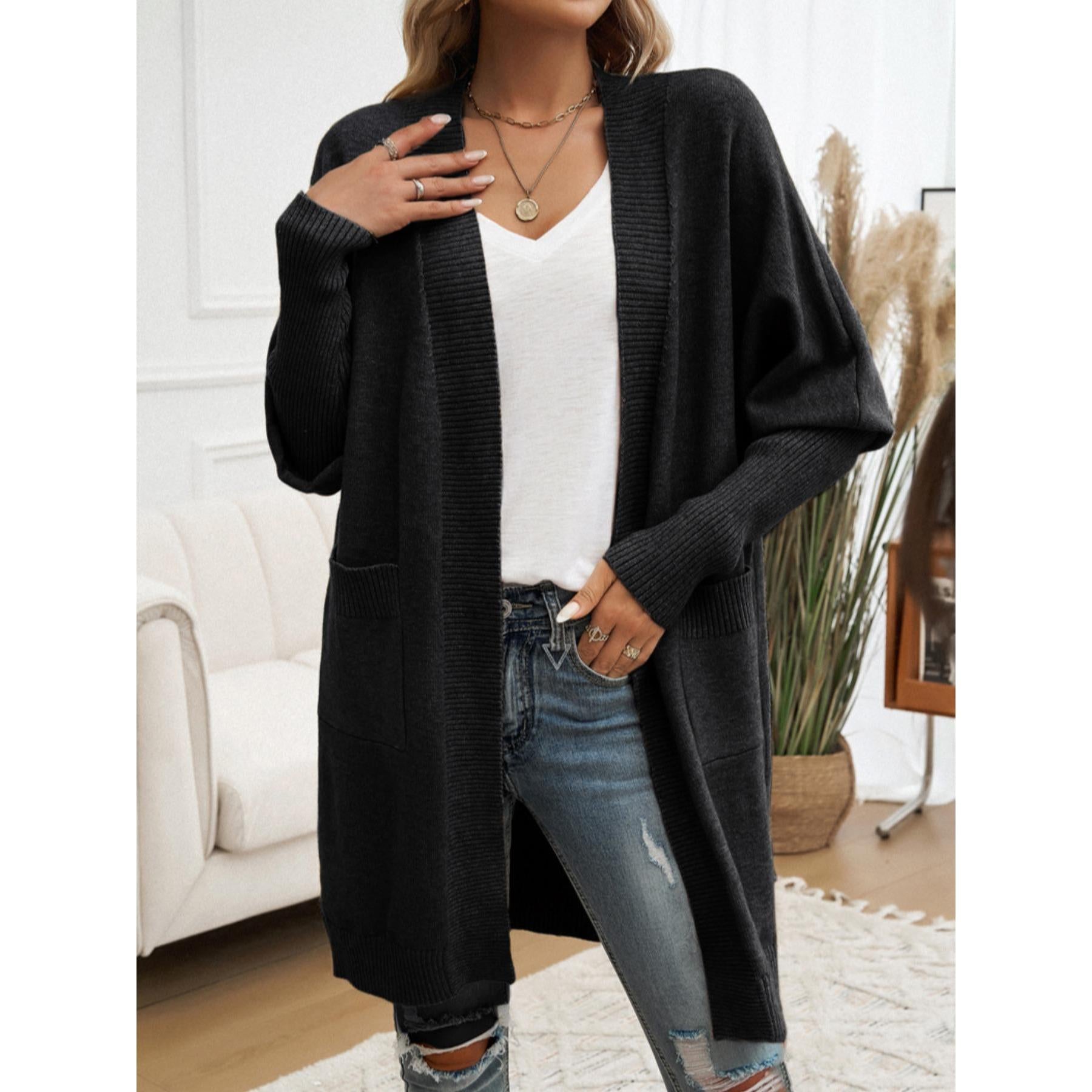 Women Long Open Front Knit Cardigan, Oversized Batwing Sleeve Sweater Coat with Pockets, Casual Loose Mid-Length Outerwear for Fall Winter