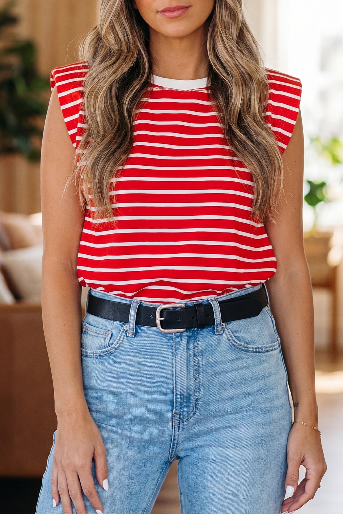 Red Stripe Ribbed Round Neck Trim Loose Tank Top