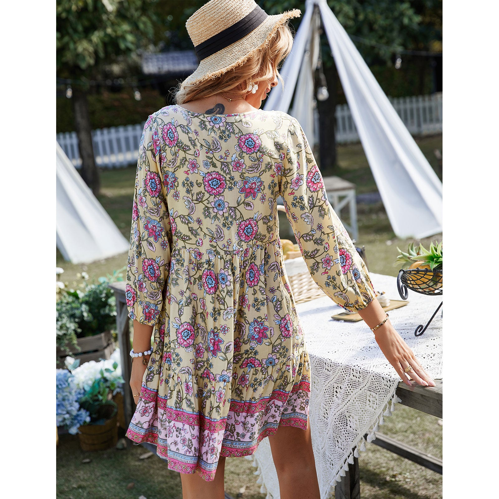 Women's Retro Bohemian Beach Casual Mini Dress - V-Neck, 3/4 Puff Sleeves, Lightweight Soft Elastic Ruffle Tiered Flowy Floral Print, Button Tassel Tie Breathable Summer Dress