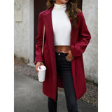 Women Lapel Open Front Mid Length Wool Blend Coat, Elegant Long Sleeve Casual Outerwear for Fall Winter, 2 Colors Wine Red / Black