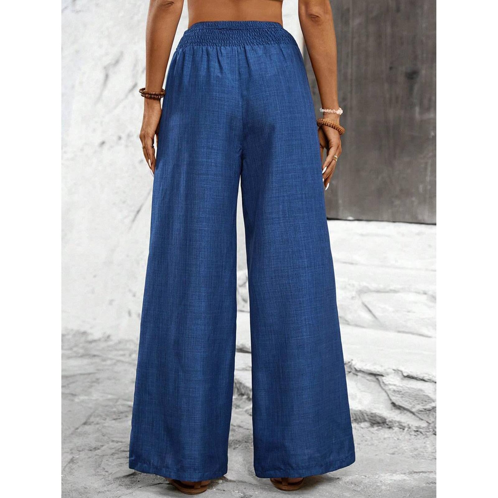Women's Elastic High Waist Breathe-Fabric Wide Leg Pants - Adjustable Drawstring, Flowing Cut Casual Outfits Women Summer Beach Trousers