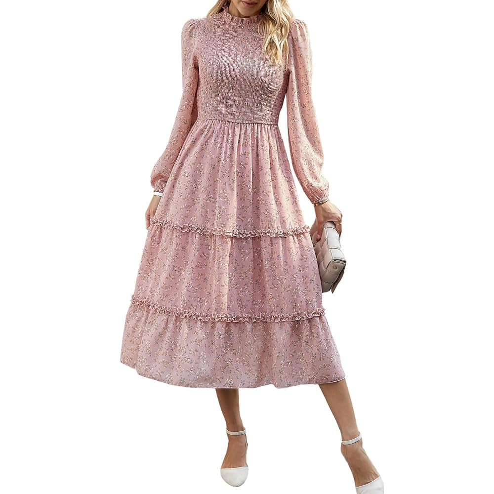 Women's Ditsy Floral Chiffon Midi Dress, Long Sleeve High Neck Smocked Tiered Ruffle Flowy Boho Dress for Spring Fall