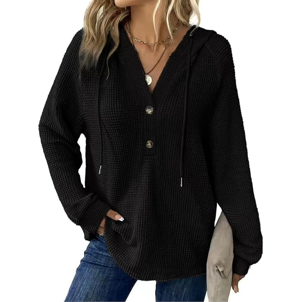 Women's Waffle Knit Henley Hoodie Long Sleeve Drawstring Button V Neck Casual Loose Fit Basic Tops