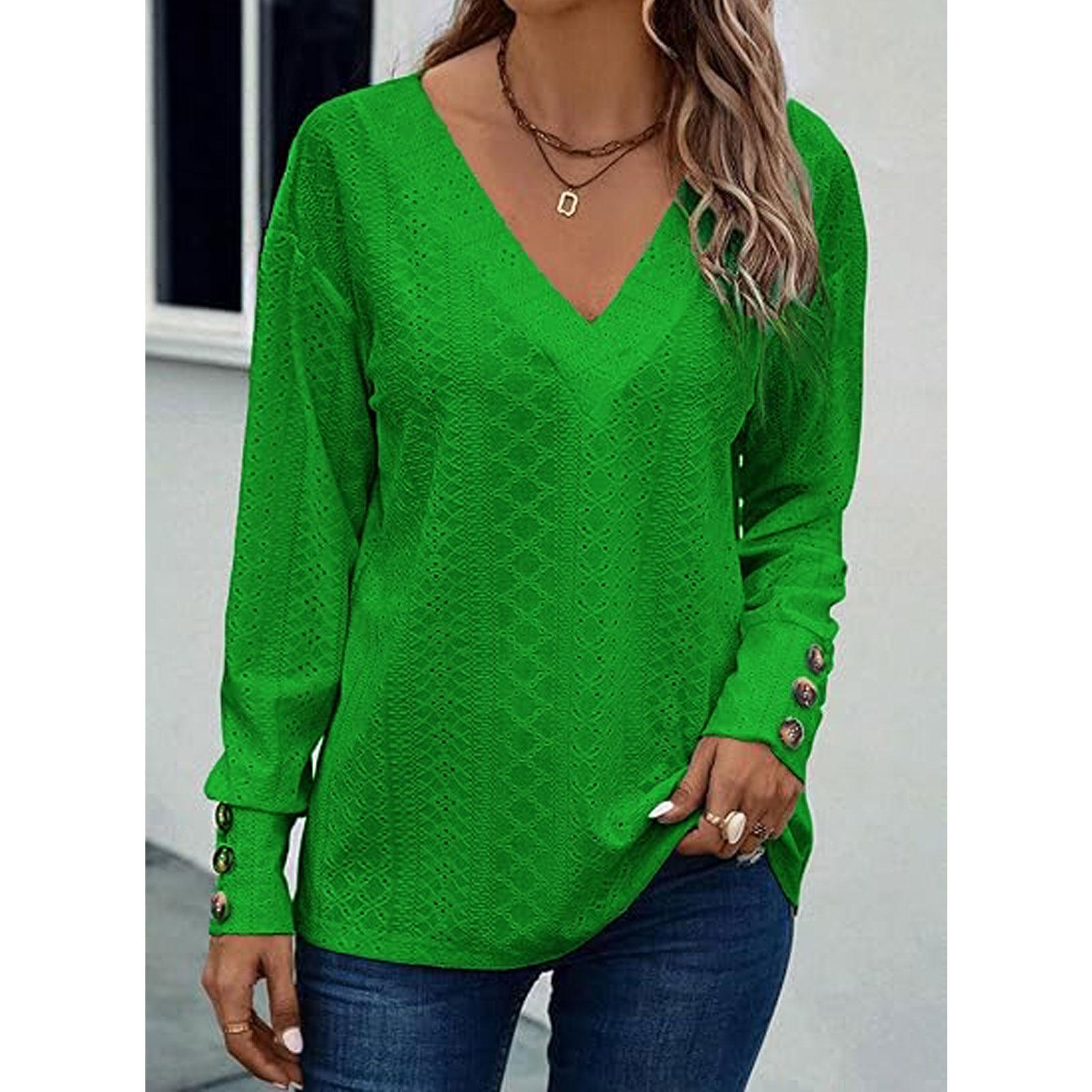 Women's V Neck Long Sleeve Eyelet Hollow Out Top, Decorative Button Cuff Loose Casual Solid Color Blouse