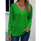 Women's V Neck Long Sleeve Eyelet Hollow Out Top, Decorative Button Cuff Loose Casual Solid Color Blouse