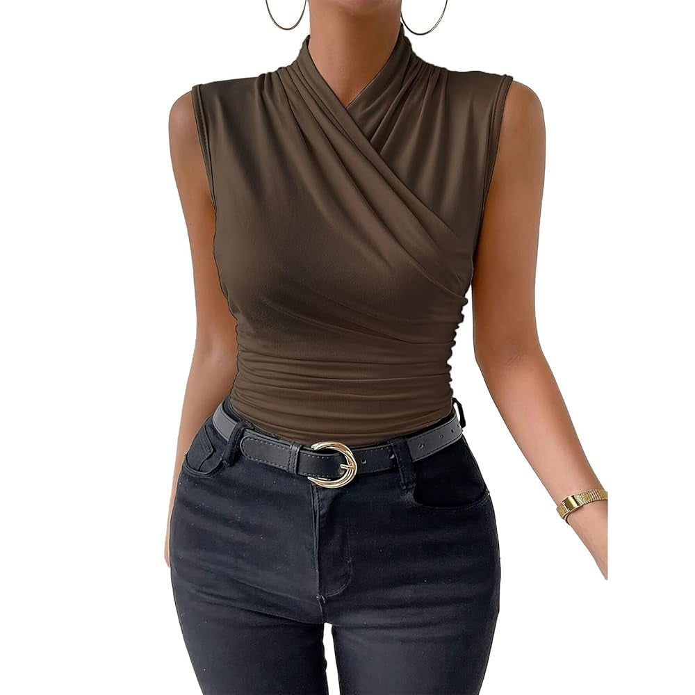Women Sleeveless Wrap Mock Neck Top, Cross V Front Ruched Slim Fit Stretch Solid Color Tank Top for Going Out Daily Wear
