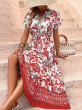 Women's Polyester Boho Floral Graphic Casual Dress - Short Sleeve, V-Neck, Adjustable Waist, Ruffle Hem - Summer Vacation Wear, Floral Graphic Casual Dresses