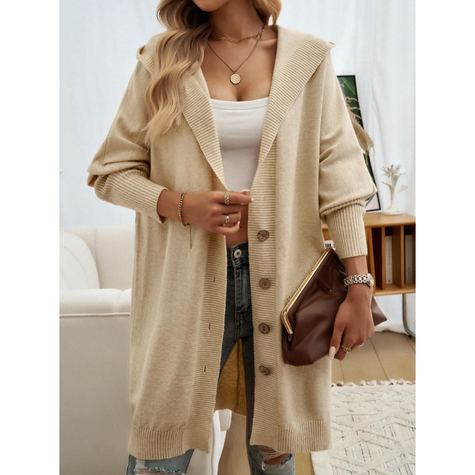 Women Oversized Hooded Long Knit Cardigan, Button Front Batwing Sleeve Casual Sweater Coat, Fall Winter Loose Outerwear