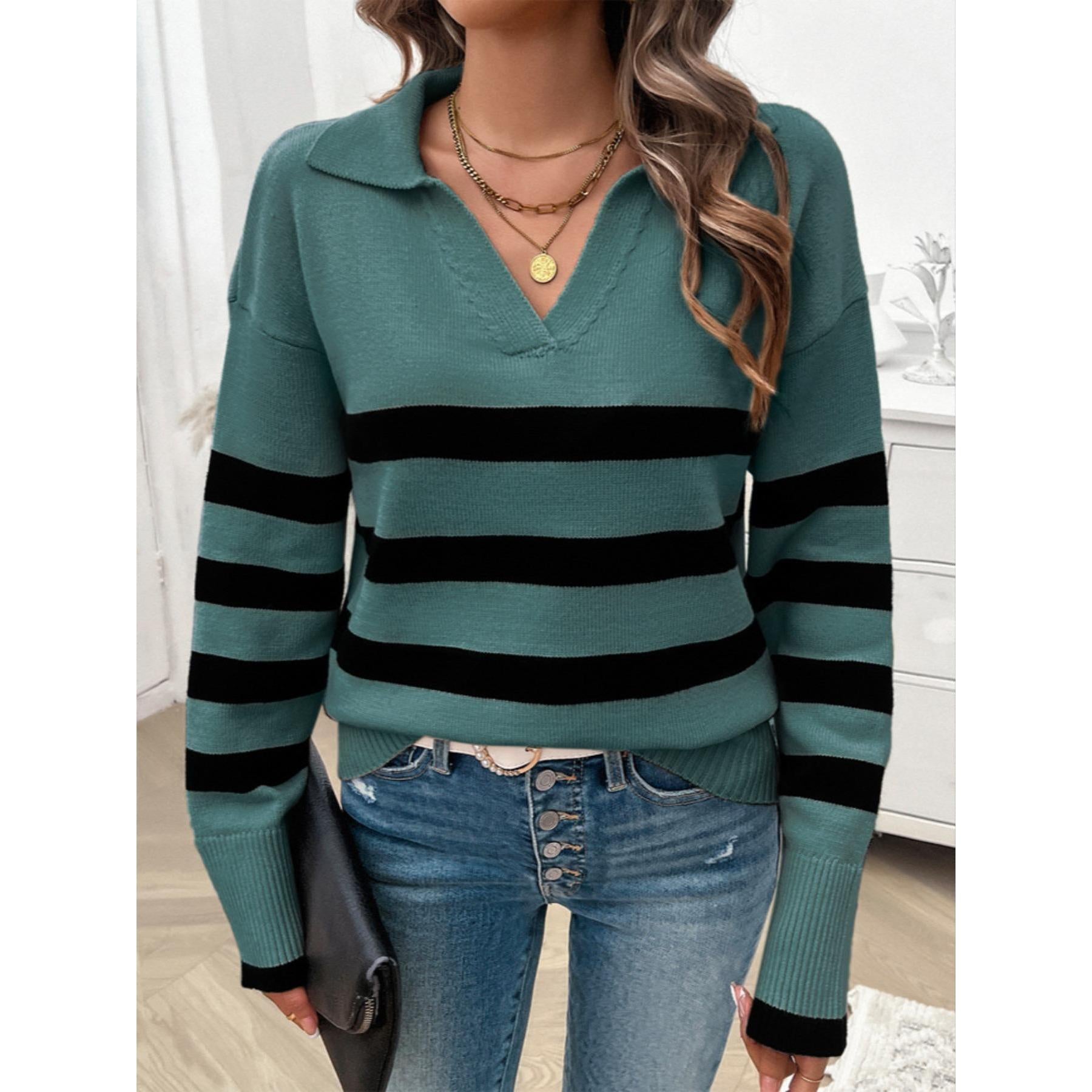 Women's Soft Ribbed Striped Polo Collar V-Neck Long-Sleeve Loose Drop-Shoulder Casual Pullover Tops - Fall Winter Sweaters, Striped Sleeve Pullovers