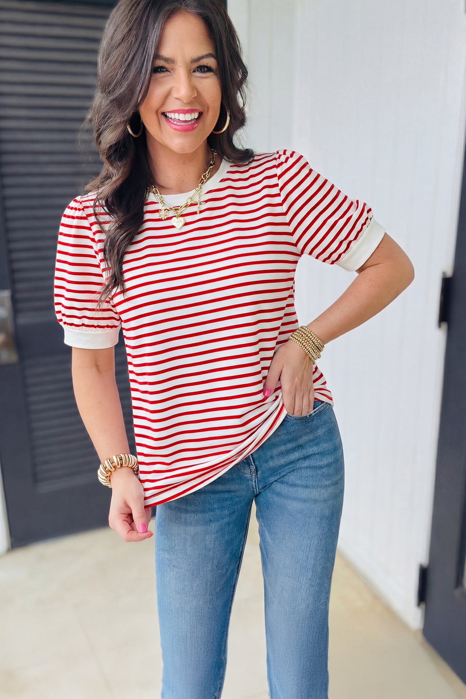Red Stripe Contrast Trim Round Neck Short Puff Sleeve T Shirt