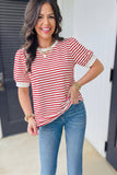 Red Stripe Contrast Trim Round Neck Short Puff Sleeve T Shirt