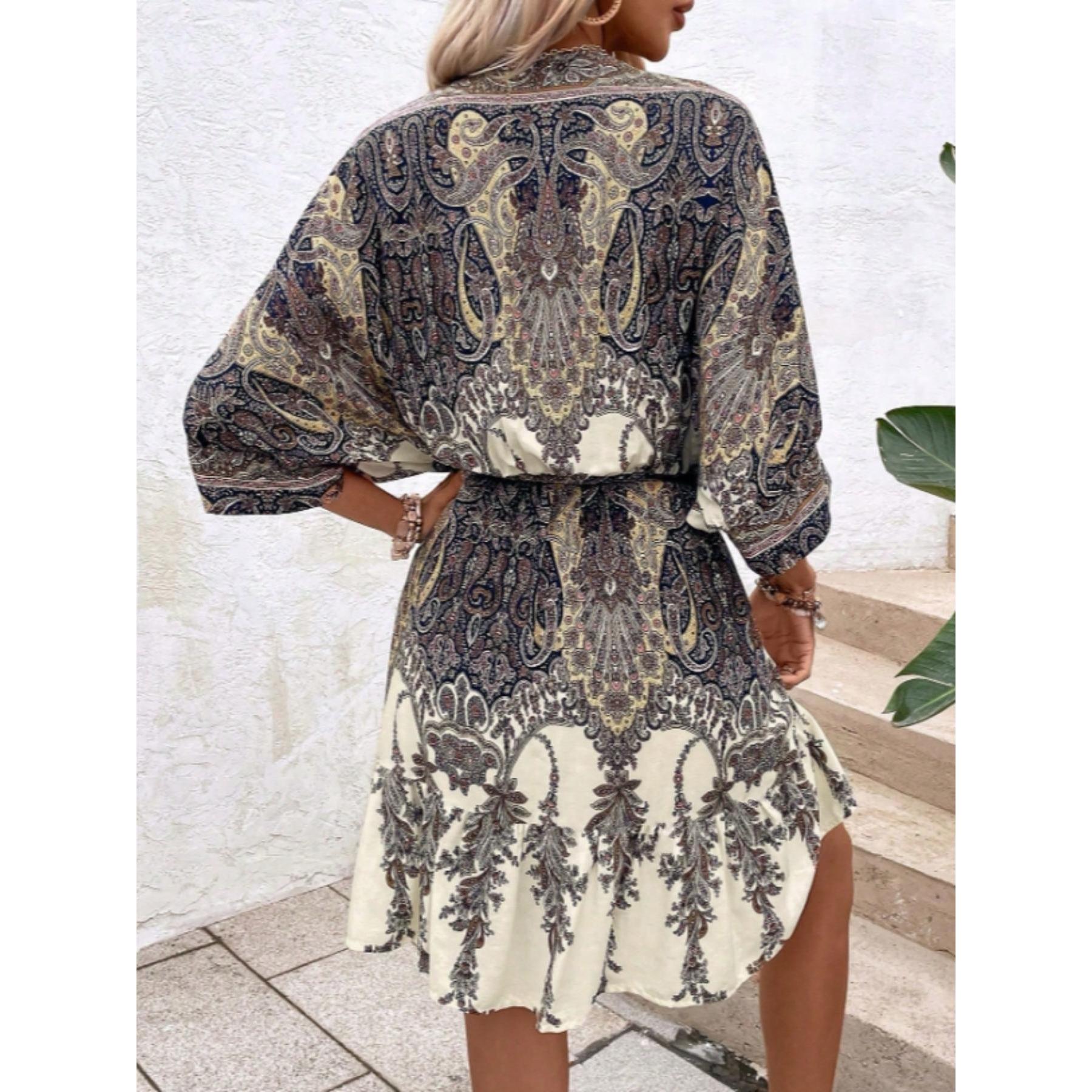 Women's Vintage Loose Boho Casual Paisley Print Mini Dress - Deep V-Neck, Batwing Sleeves, Drawstring Waist, Tiered Ruffled Hem, Gradient Fabric Summer Beach Vacation Dress