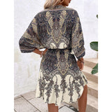 Women's Vintage Loose Boho Casual Paisley Print Mini Dress - Deep V-Neck, Batwing Sleeves, Drawstring Waist, Tiered Ruffled Hem, Gradient Fabric Summer Beach Vacation Dress