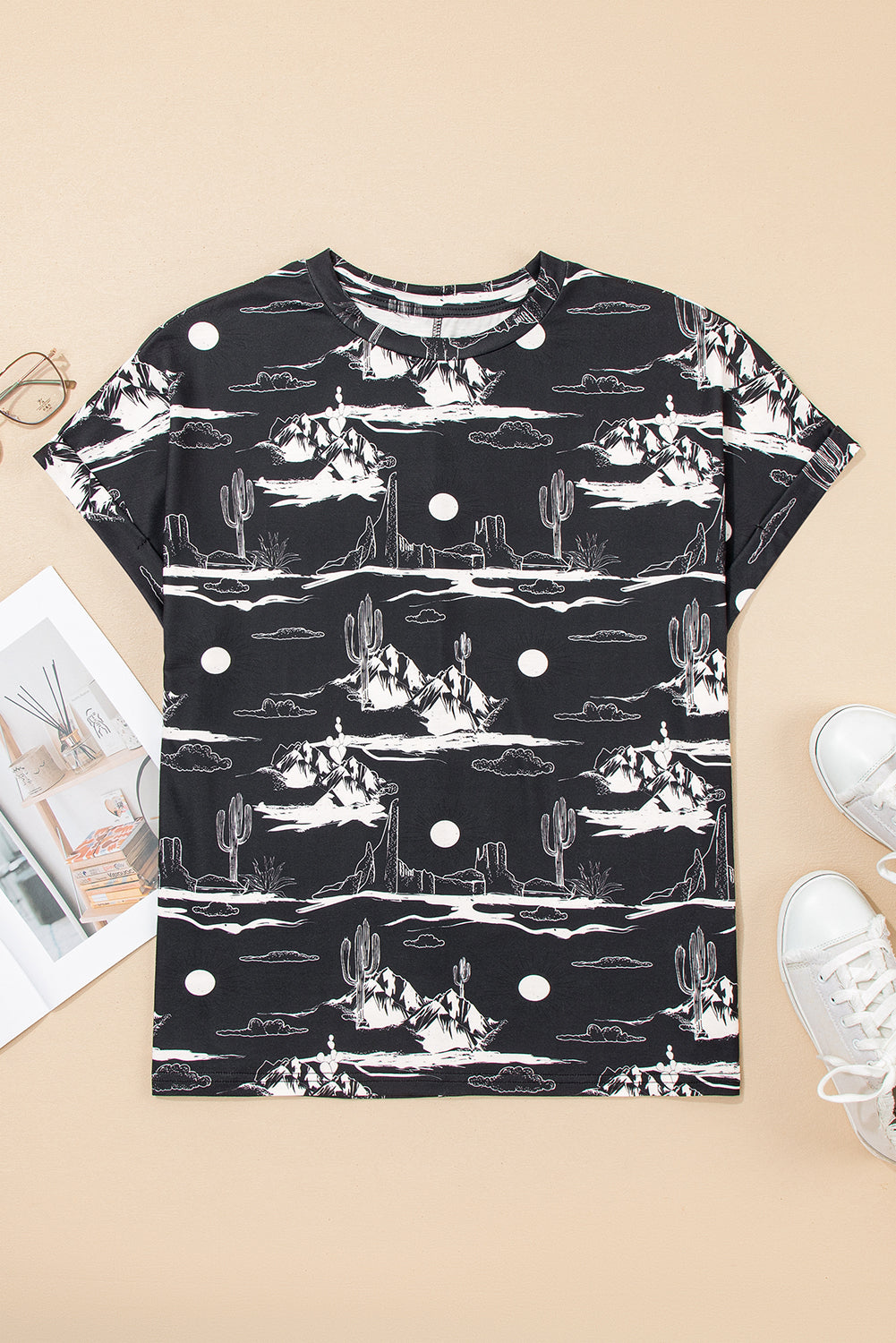 White Desert Sand Print Short Sleeve Knit Top