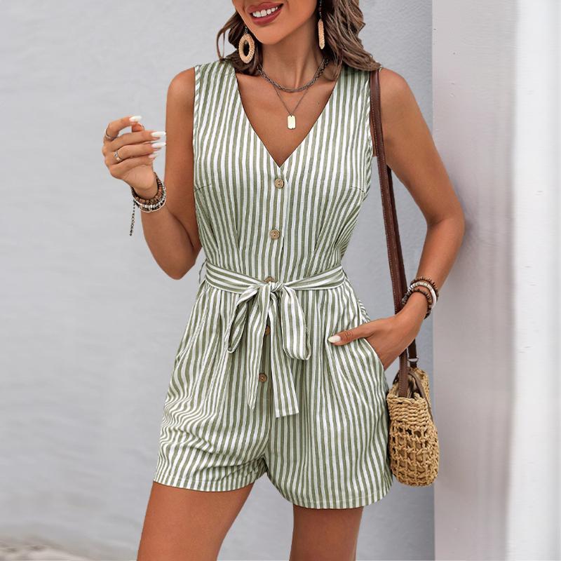 Women's Sleeveless Striped V Neck Romper, Button Down Tie Waist Shorts Jumpsuit, Casual Summer One Piece Outfit with Pockets