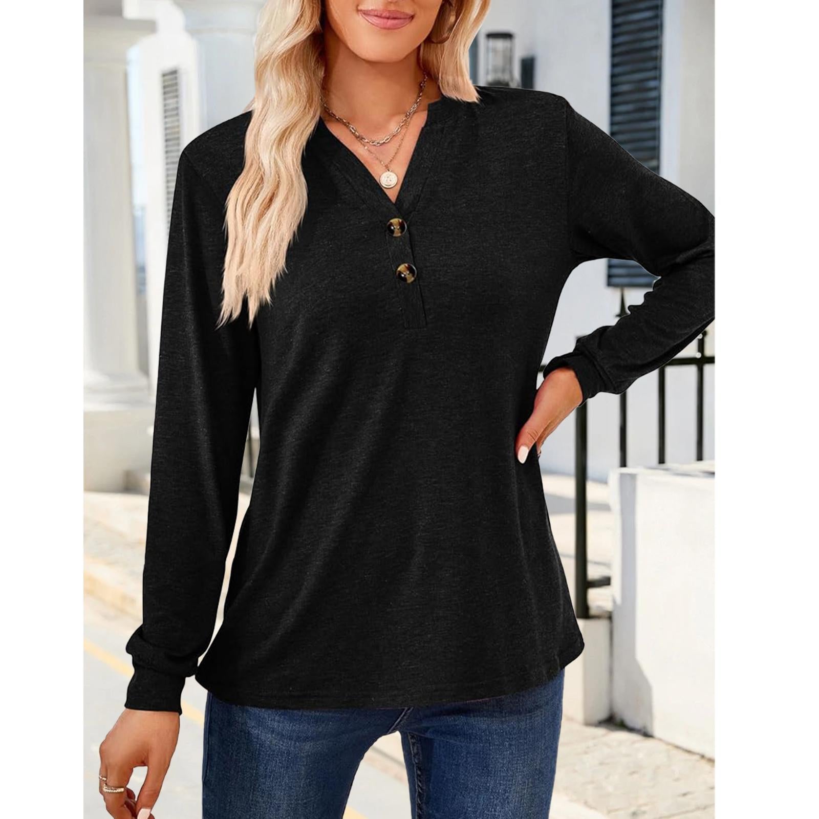 Women's Breathable Henley Long-Sleeve V-Neck Button-Decor Casual Loose Solid Minimalist Tunic Blouse, Everyday Hip Fall Basic Top for Layering Under Jackets
