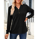Women's Breathable Henley Long-Sleeve V-Neck Button-Decor Casual Loose Solid Minimalist Tunic Blouse, Everyday Hip Fall Basic Top for Layering Under Jackets