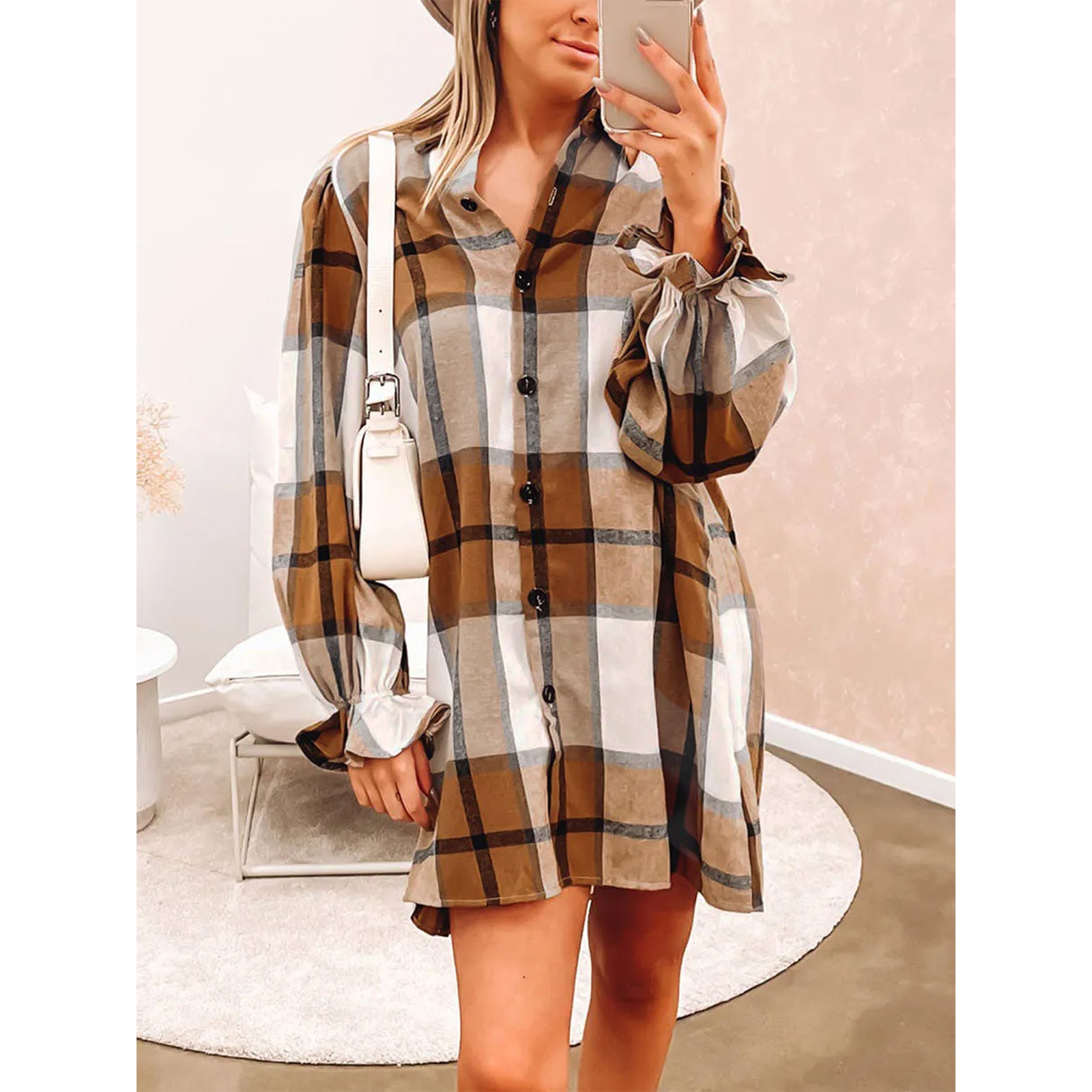 Women's Long Sleeve Flannel Plaid Button Down Shirts Lapels Casual Blouse