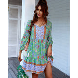 Women's Retro Bohemian Beach Casual Mini Dress - V-Neck, 3/4 Puff Sleeves, Lightweight Soft Elastic Ruffle Tiered Flowy Floral Print, Button Tassel Tie Breathable Summer Dress