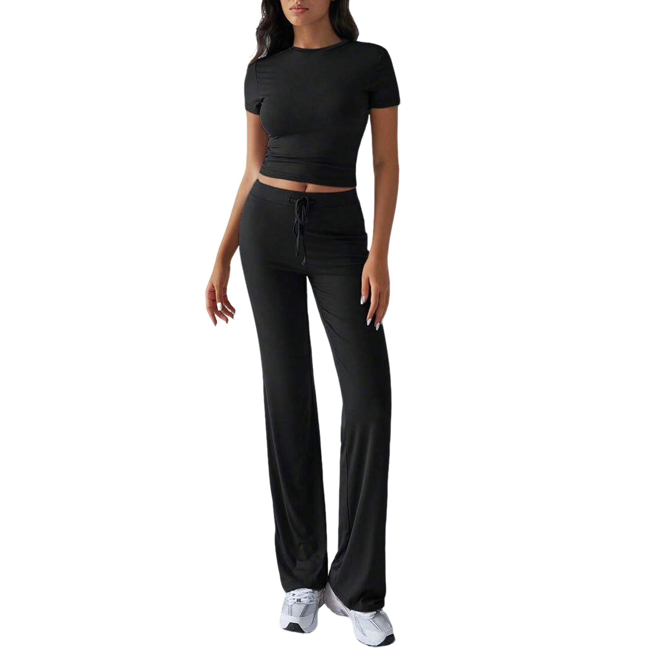 Women's 2-Piece Casual Tracksuit, Short Sleeve Crop Top & High Waist Flare Pants, 2 Piece Sets Women