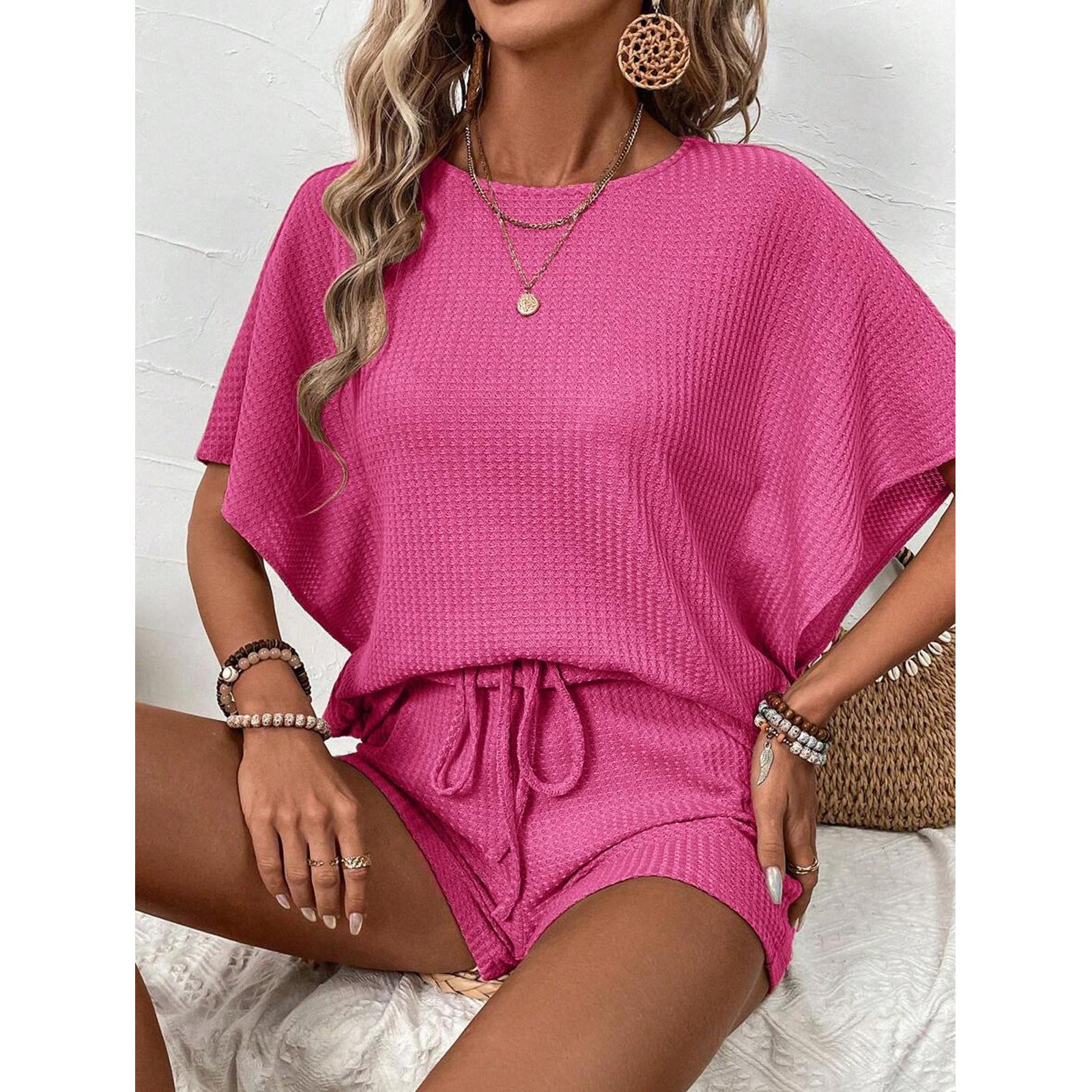 Women's 2-Piece Oversized Lightweight Basic Loose Waffle Knit Loungewear Set - Round Neck Batwing Sleeve Top, Adjustable Drawstring Elastic Shorts for Beach, Nightwear Tracksuit