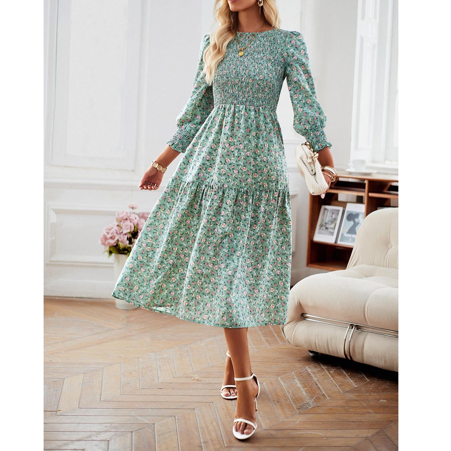 Women's Chic Traditional Colorful Flower Print Casual Boho Ruffle A-Line Mid-Length Dress - Round Neck, Shirred, Beach Wear, Womens Dresses,sohochic