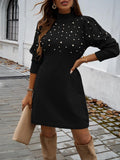Women's pearl-embellished high-neck knit sweater dress with puff long sleeves, slim fit, bodycon, short length