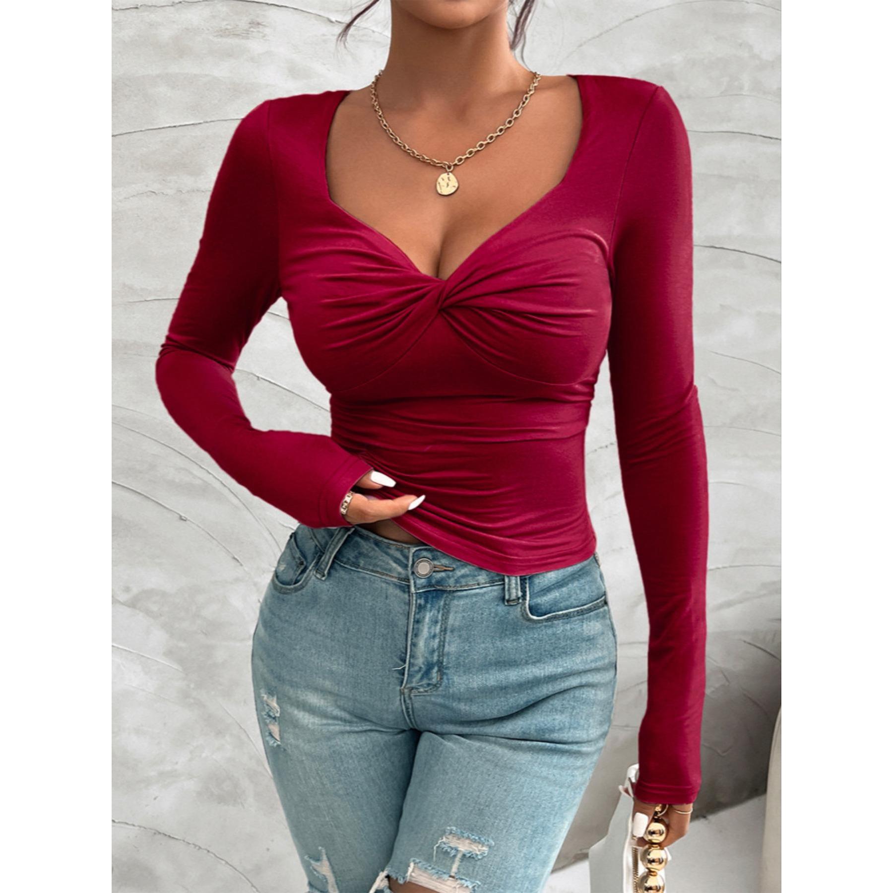Twist Front V Neck Long Sleeve Top for Women, Slim Fit Thumb Hole Solid Crop Tee, Stretchy Basic Going Out Shirt