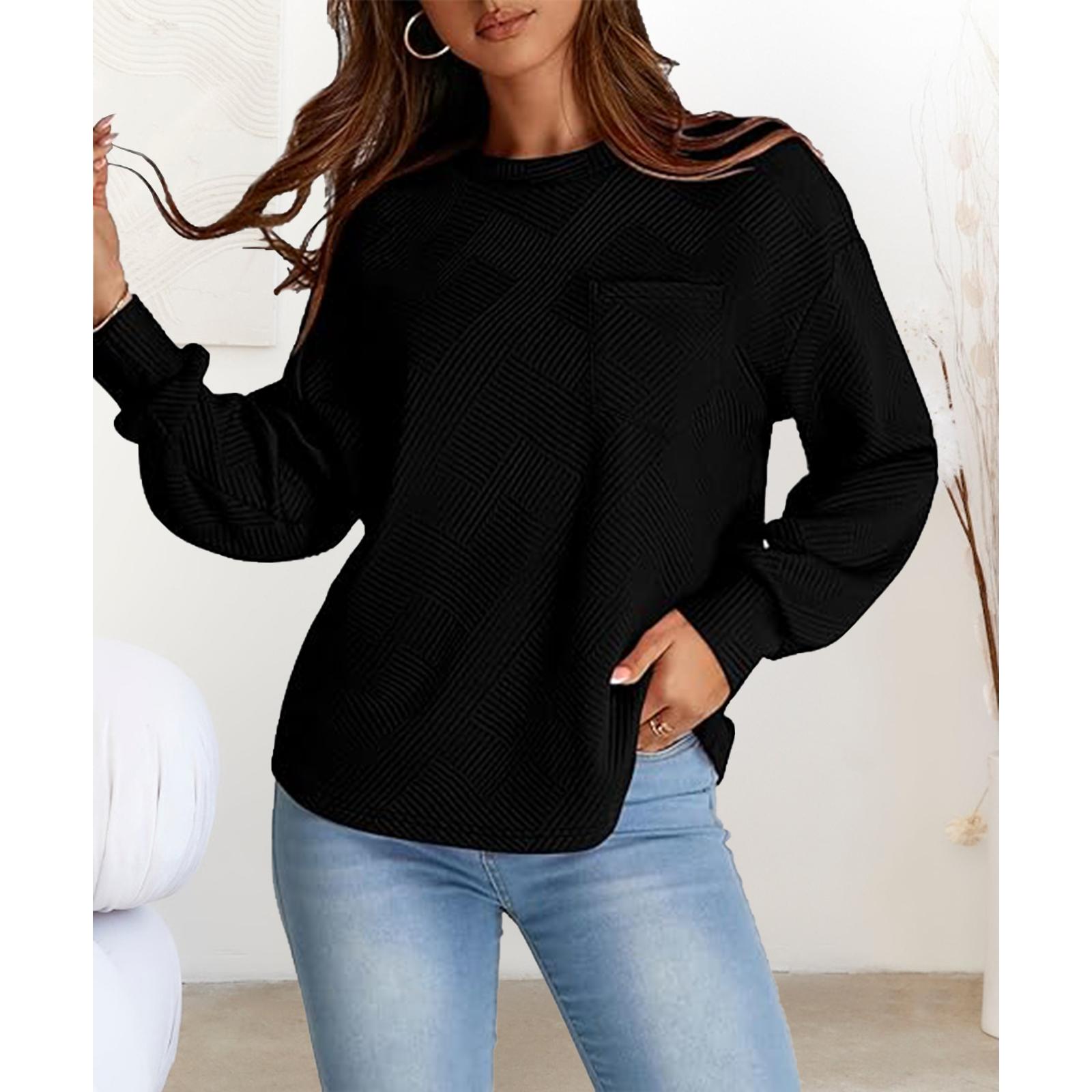 Women's Simple Soft Woven Geometric Jacquard Fabric Crew Neck Sweatshirt - Loose Drop Shoulder Long Sleeve Pullover with Ribbed Details, Casual Fall Basic Top