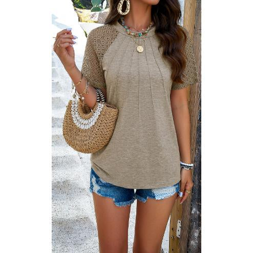 Women Hollow Out Lace Raglan Short Sleeve Top, Crew Neck Pleated Front Soft Casual Summer Tee, Loose Fit Boho Blouse for Daily Outings