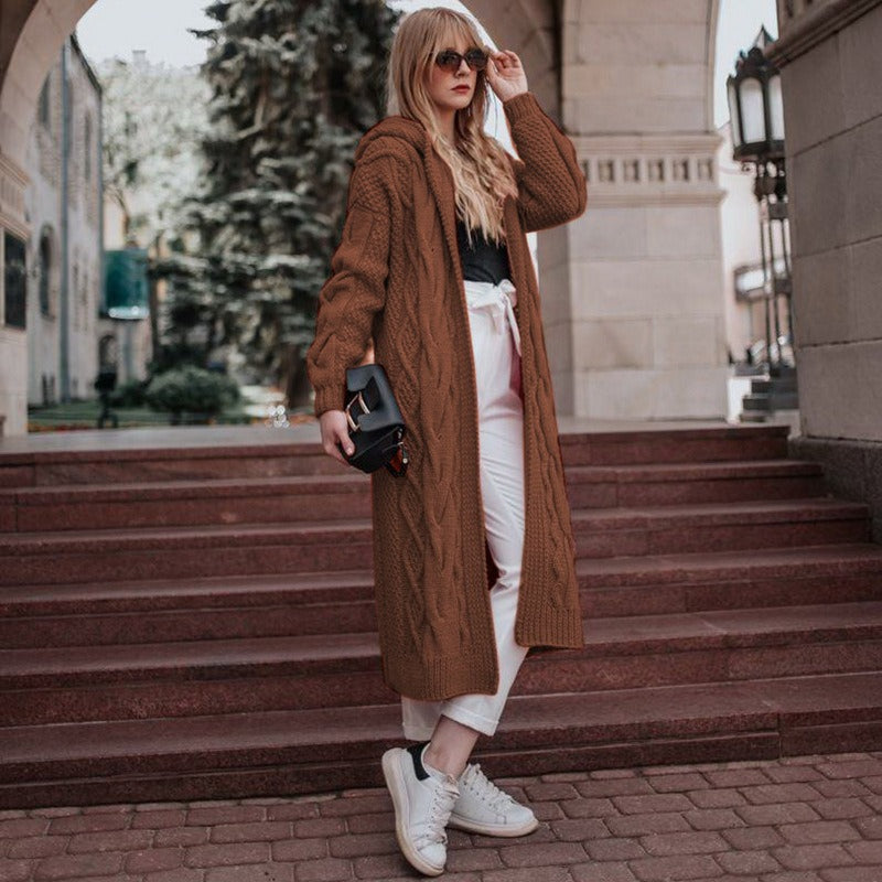 Women Solid Hooded Long Cardigan Sweater Twist Knitted Sweater