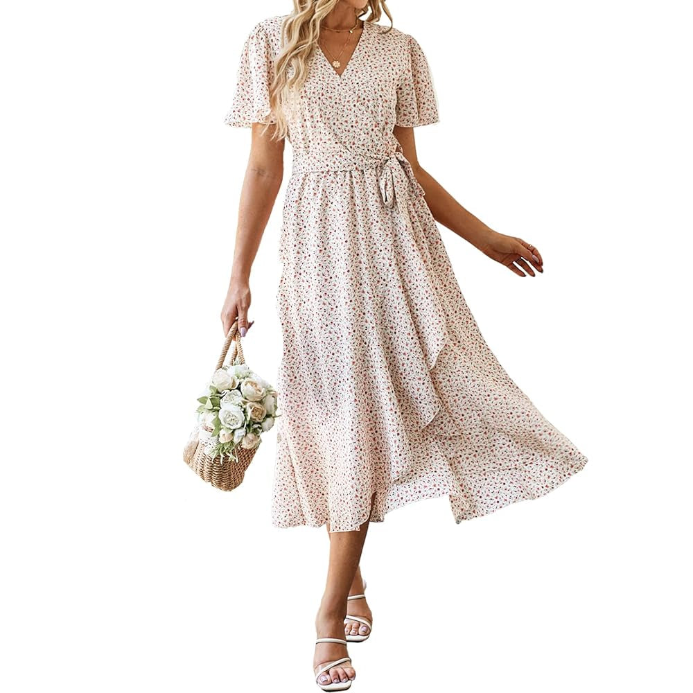 Women's Fitted V-Neck Floral Wrap Casual Midi Dress - Flutter Short Sleeves, Tie Waist, Irregular Ruffle Hem, Gorgeous Bohemian Fabric for Summer Beach Wear