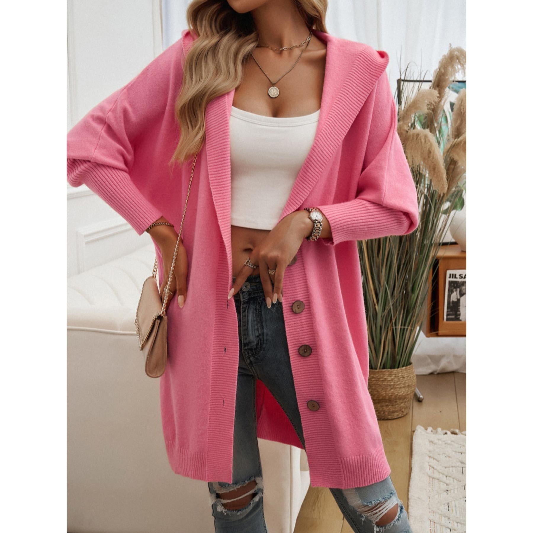 Women Oversized Hooded Long Knit Cardigan, Button Front Batwing Sleeve Casual Sweater Coat, Fall Winter Loose Outerwear