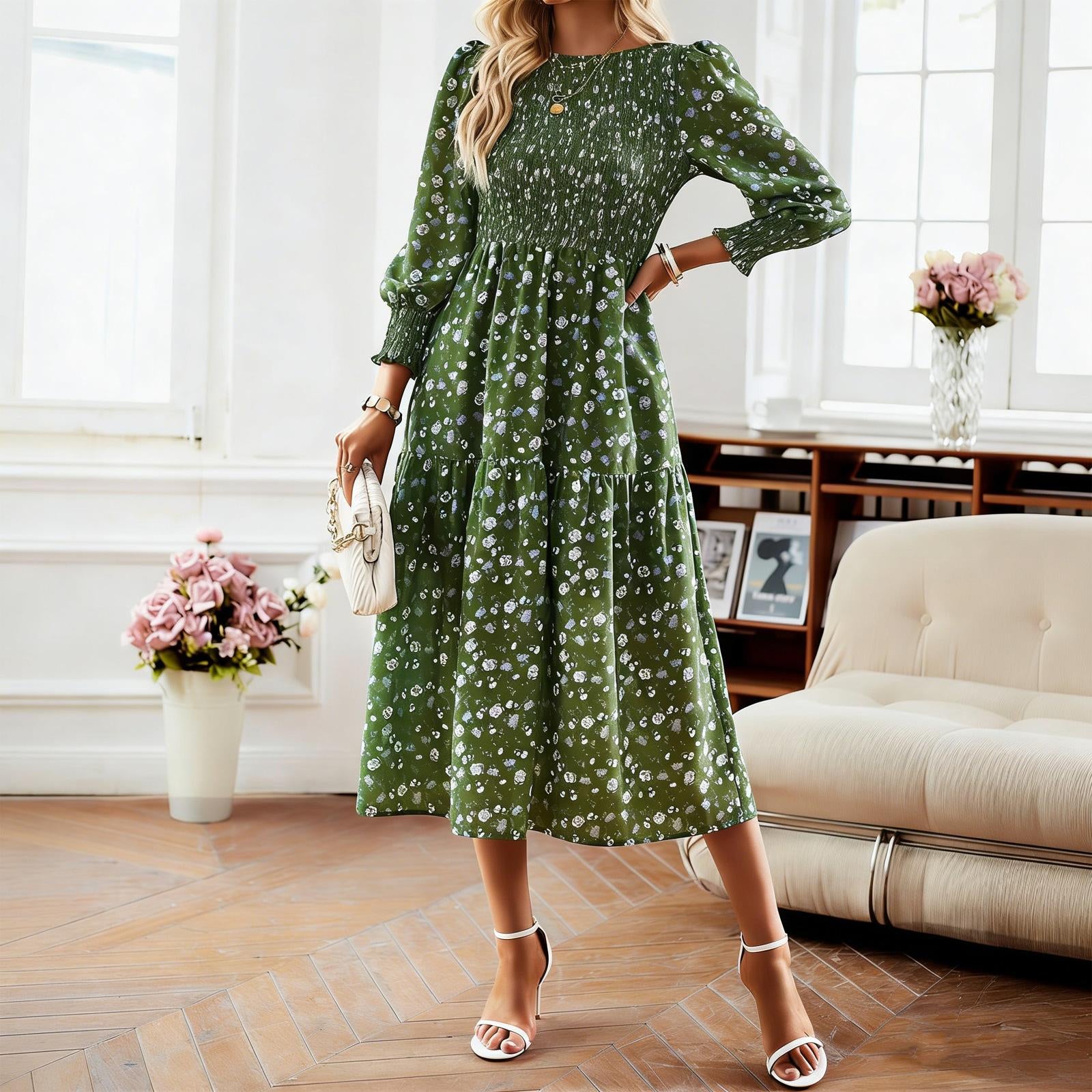 Women's Chic Traditional Colorful Flower Print Casual Boho Ruffle A-Line Mid-Length Dress - Round Neck, Shirred, Beach Wear, Womens Dresses,sohochic