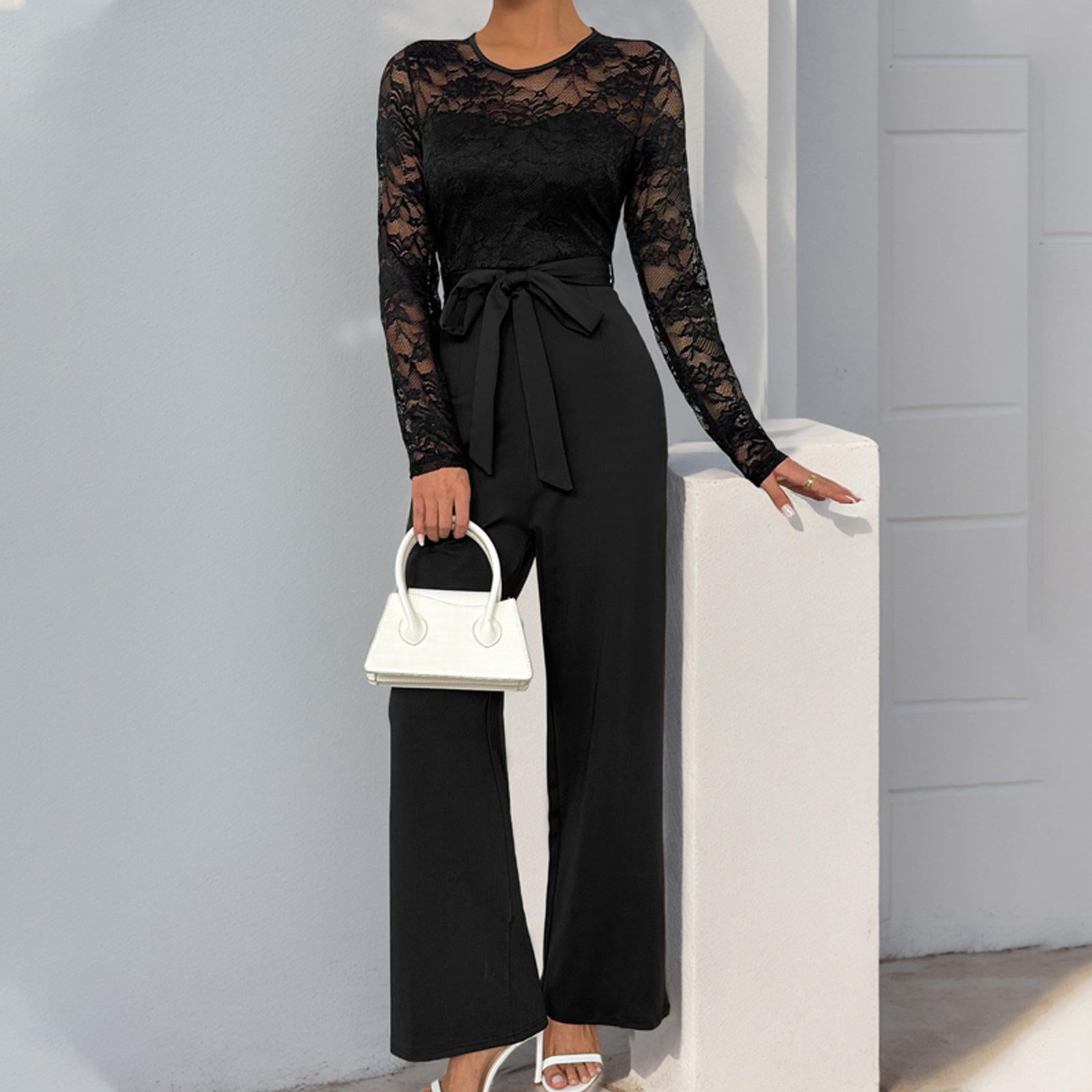 Elegant Lace Long Sleeve Jumpsuit for Women, Belted High Waist Wide Leg Formal Romper, Evening Party Wedding Guest Outfit