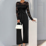 Elegant Lace Long Sleeve Jumpsuit for Women, Belted High Waist Wide Leg Formal Romper, Evening Party Wedding Guest Outfit