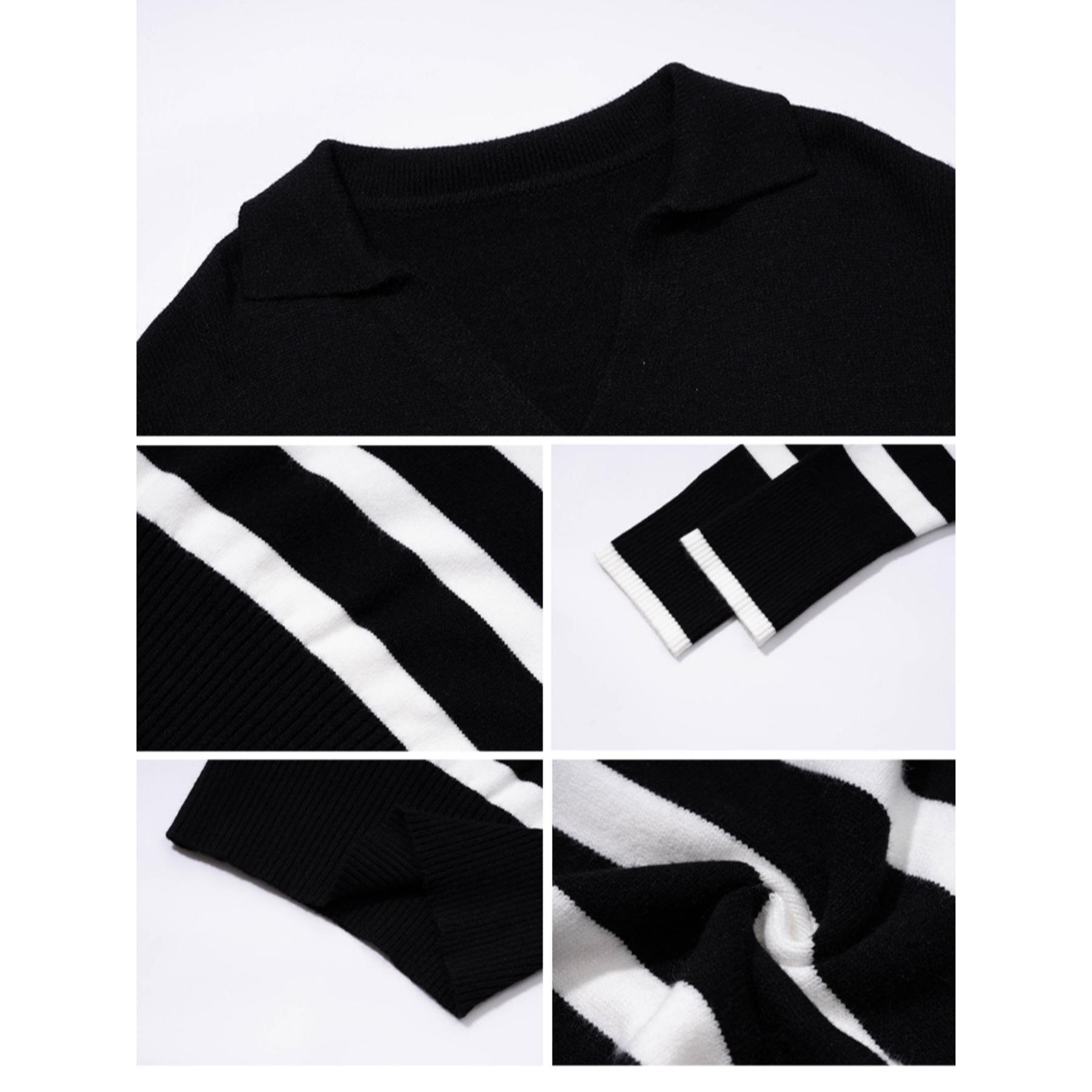 Women Polo Collar Striped Knit Sweater, Long Sleeve Color Block Loose Fit Fall Winter Casual Pullover Top