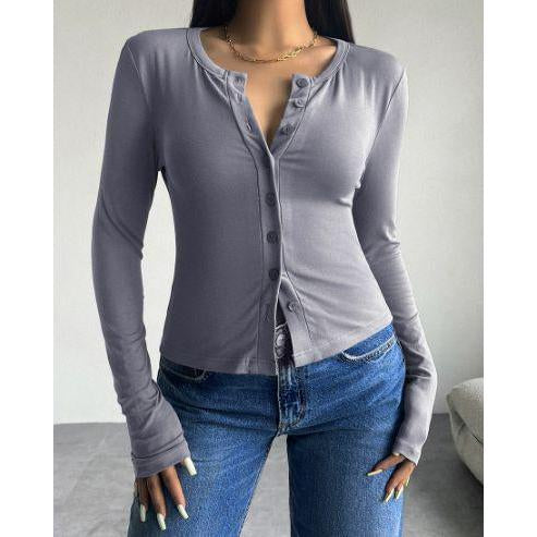 Women's Henley Neck Button-Down Long-Sleeve Cropped Blouse