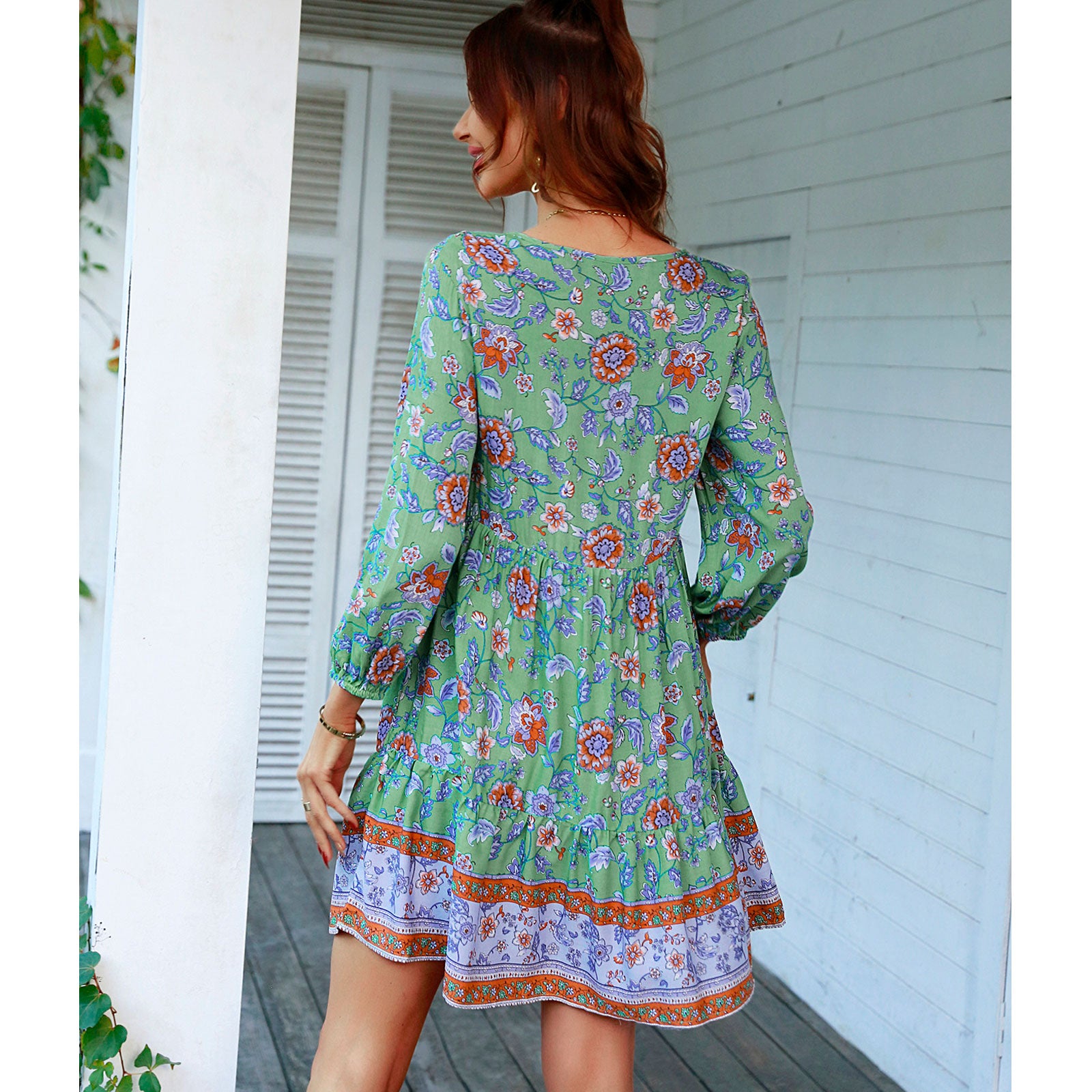 Women's Retro Bohemian Beach Casual Mini Dress - V-Neck, 3/4 Puff Sleeves, Lightweight Soft Elastic Ruffle Tiered Flowy Floral Print, Button Tassel Tie Breathable Summer Dress