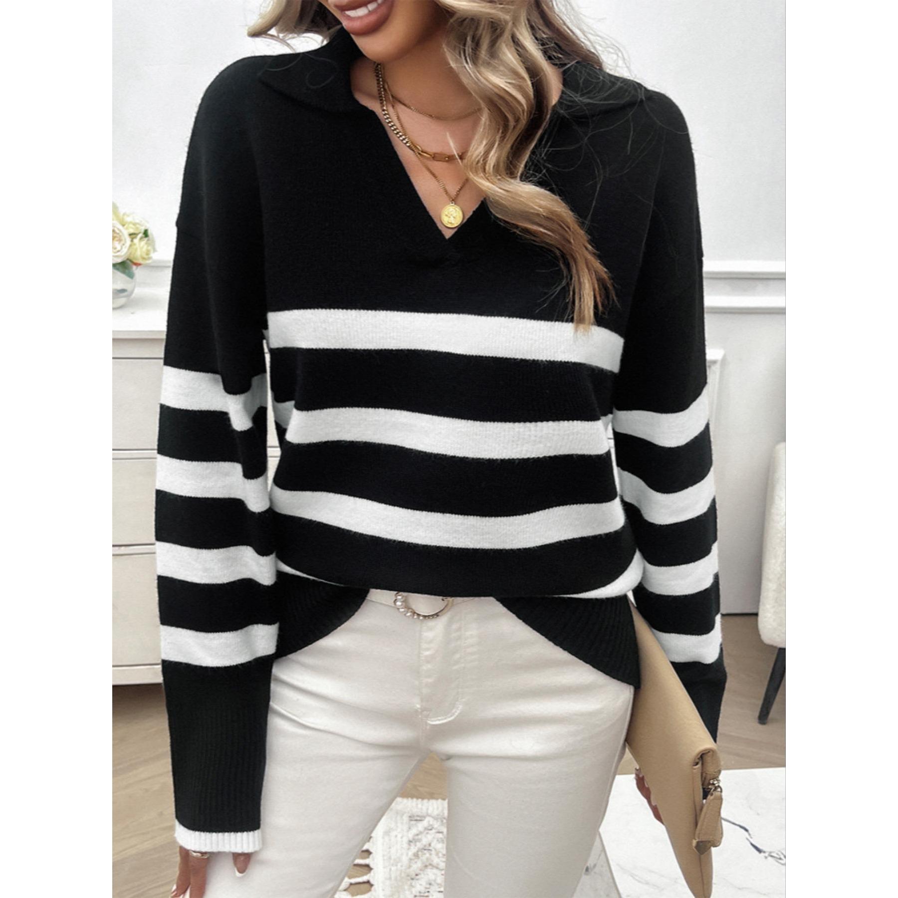 Women Polo Collar Striped Knit Sweater, Long Sleeve Color Block Loose Fit Fall Winter Casual Pullover Top